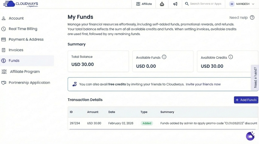 Cloudways dashboard showing verified promo credit