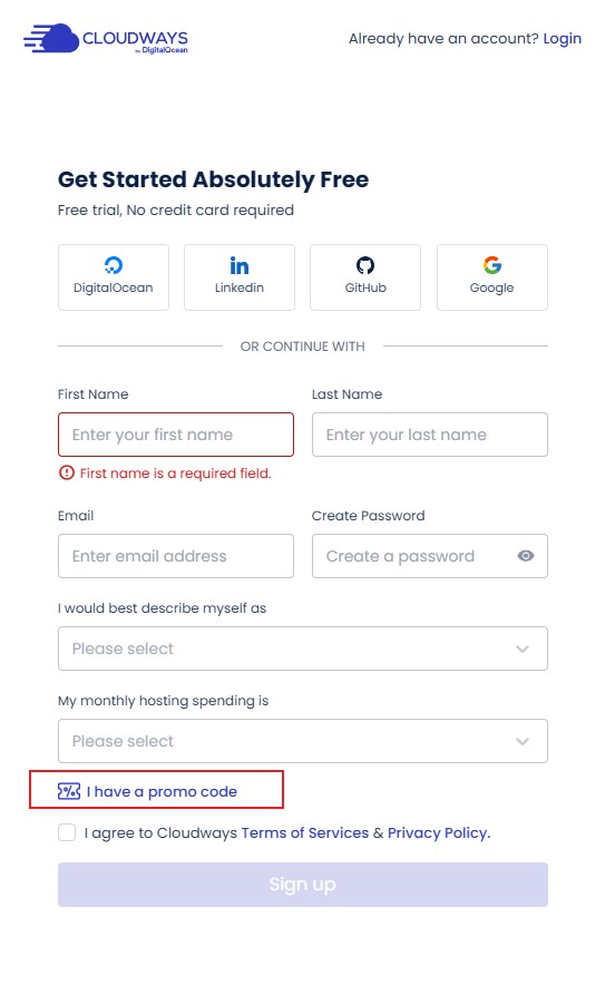 Hidden promo code link on Cloudways signup form